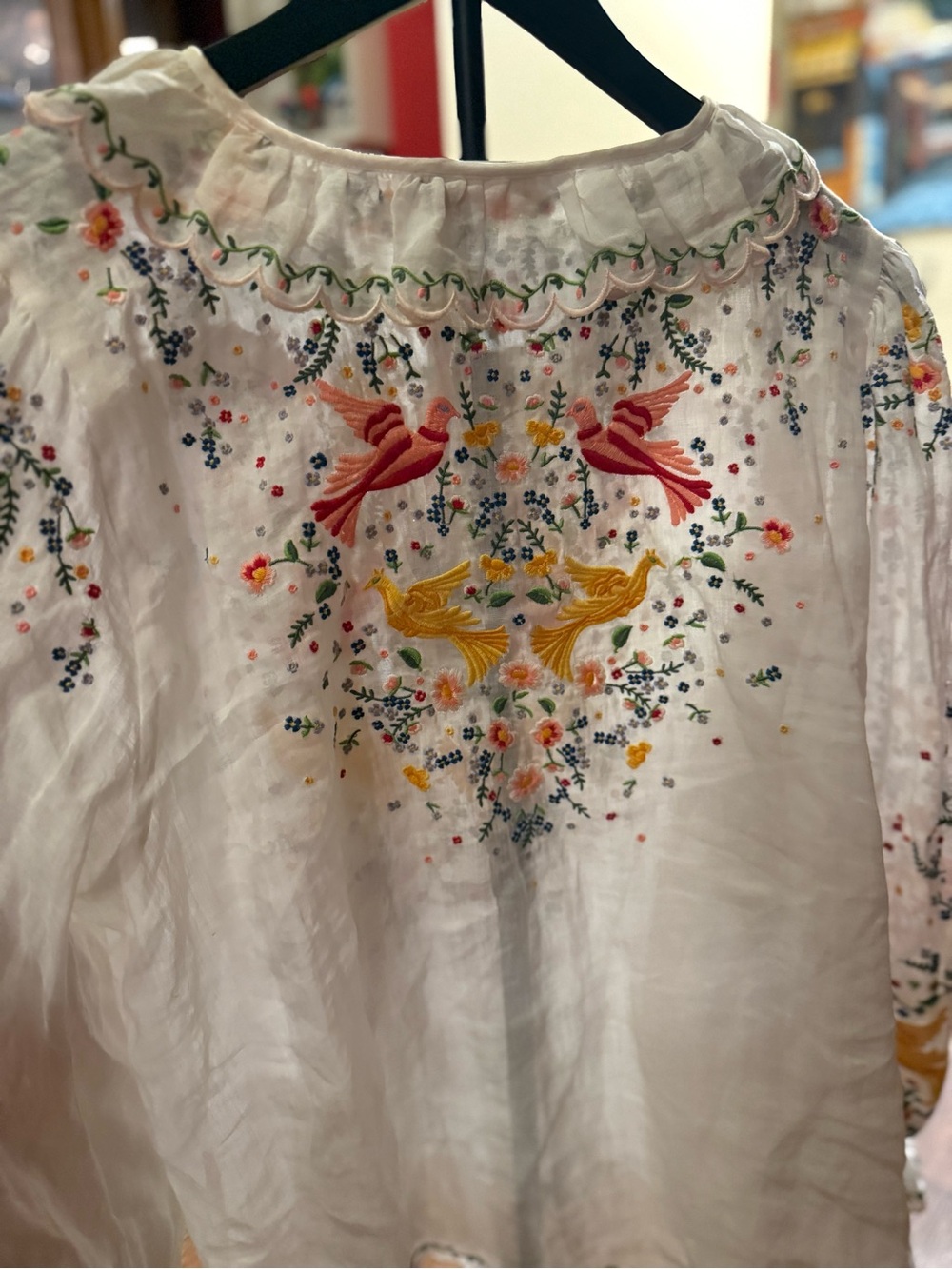 Zimmermann White Embroidered Peasant Blouse with Floral & Bird Motif W/tassels - Picture 7 of 10